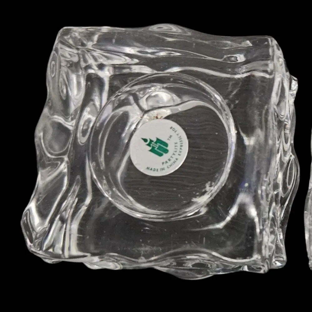 Vintage Pair Clear Ice Cube Glass Votive Candle Holders 2.5